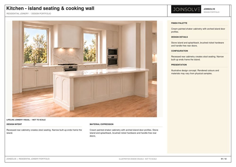 Portfolio sheet 01: Kitchen - island seating & cooking wall