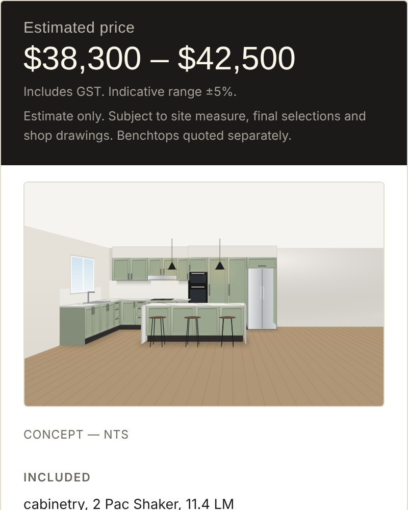 Ballpark showroom price panel showing a price range and concept
