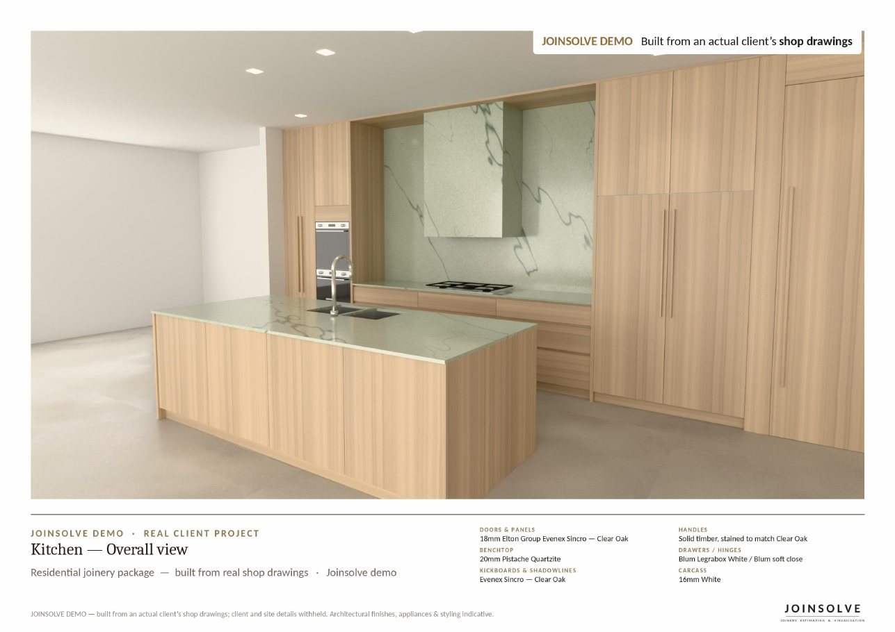 Render board: timber-look kitchen with finishes called up