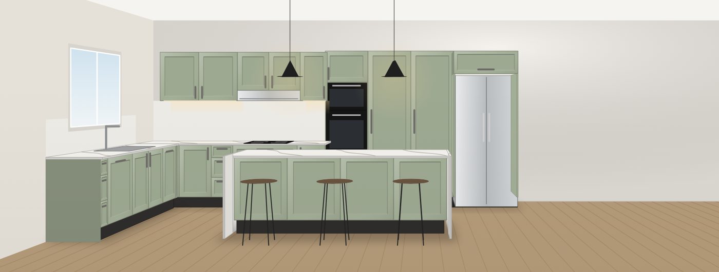 Concept render of an L-shaped sage shaker kitchen with island, generated by Ballpark
