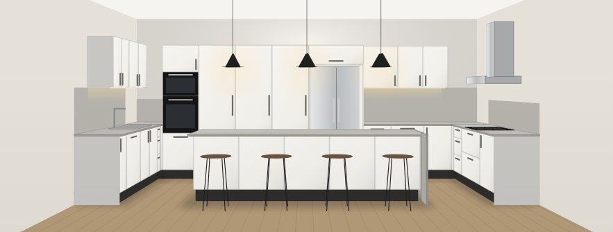 Ballpark concept of a white U-shape kitchen