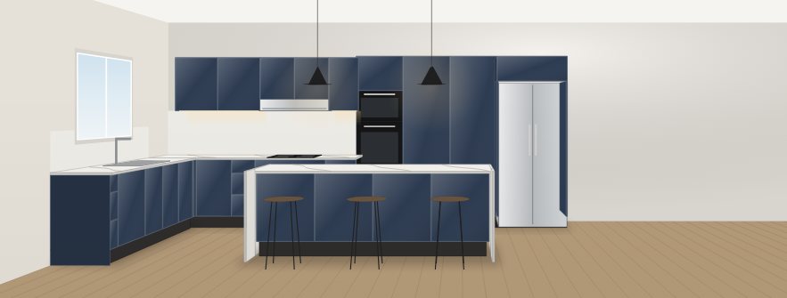 Concept render: navy two-pac kitchen with island and waterfall ends